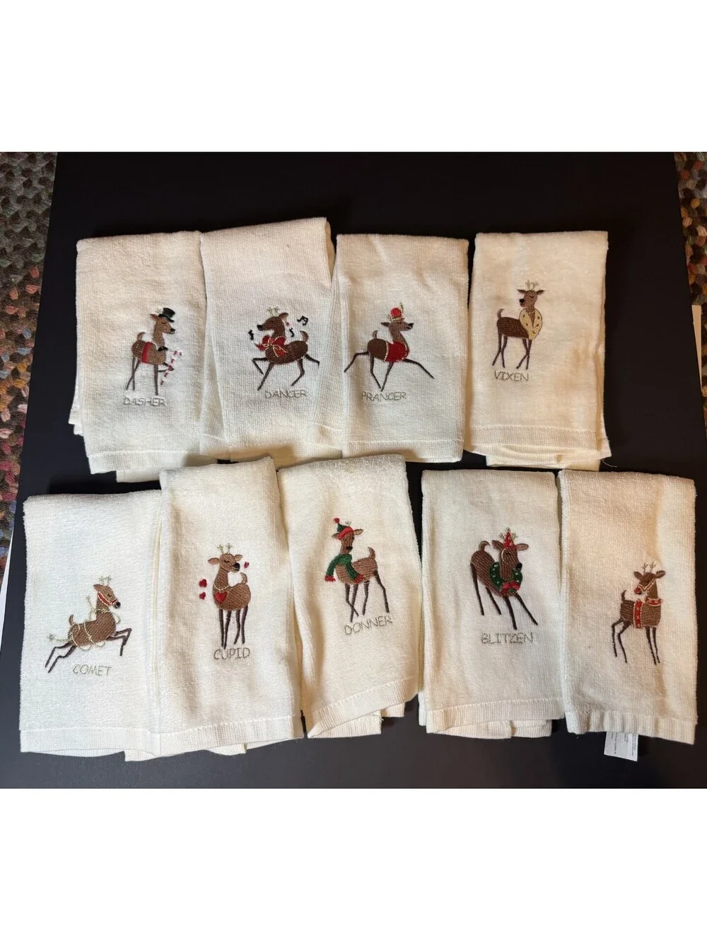 Vintage Embriodered Reindeer Christmas Hand Towels Set 9 Includes Rudolph